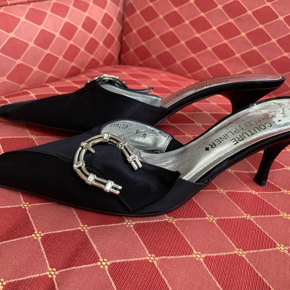 Black Italian Satin Slip On Mules/Shoes
